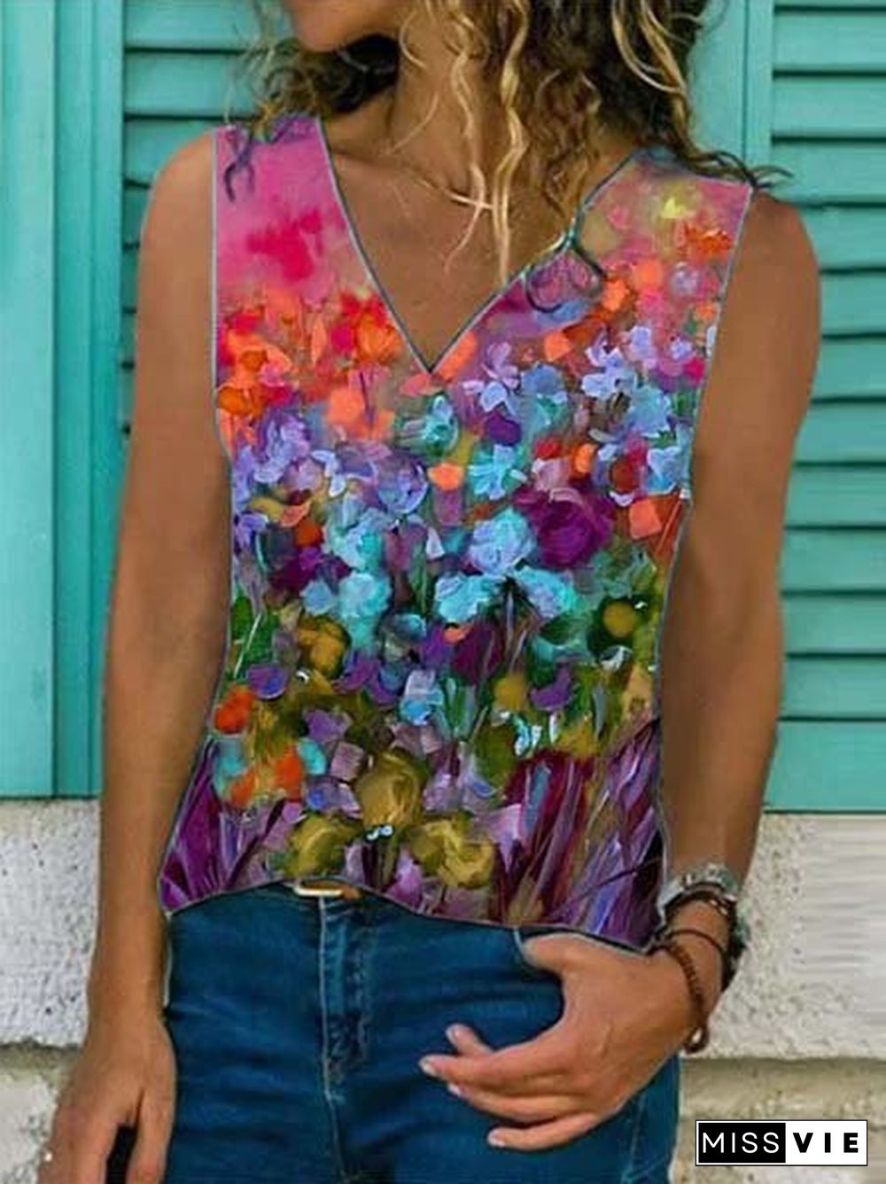 Women's Summer Sleeveless Floral Painting Style Tank Top