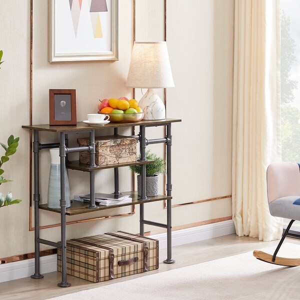 VECELO Modern Industrial Console Table with 3-tier Open Storage Shelves