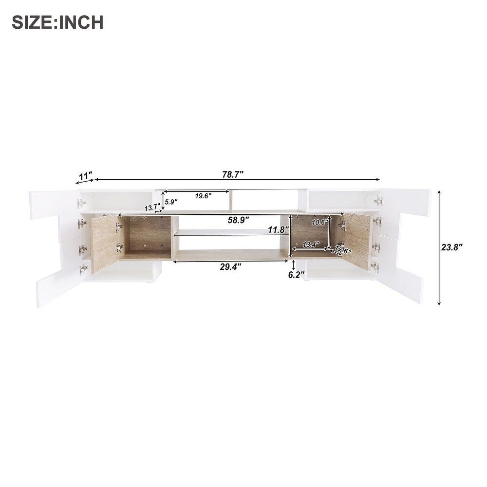 High Gloss TV Stand with 2 Illuminated Glass Shelves and Storage Cabinets  Entertainment Center with LED Lights for 80\