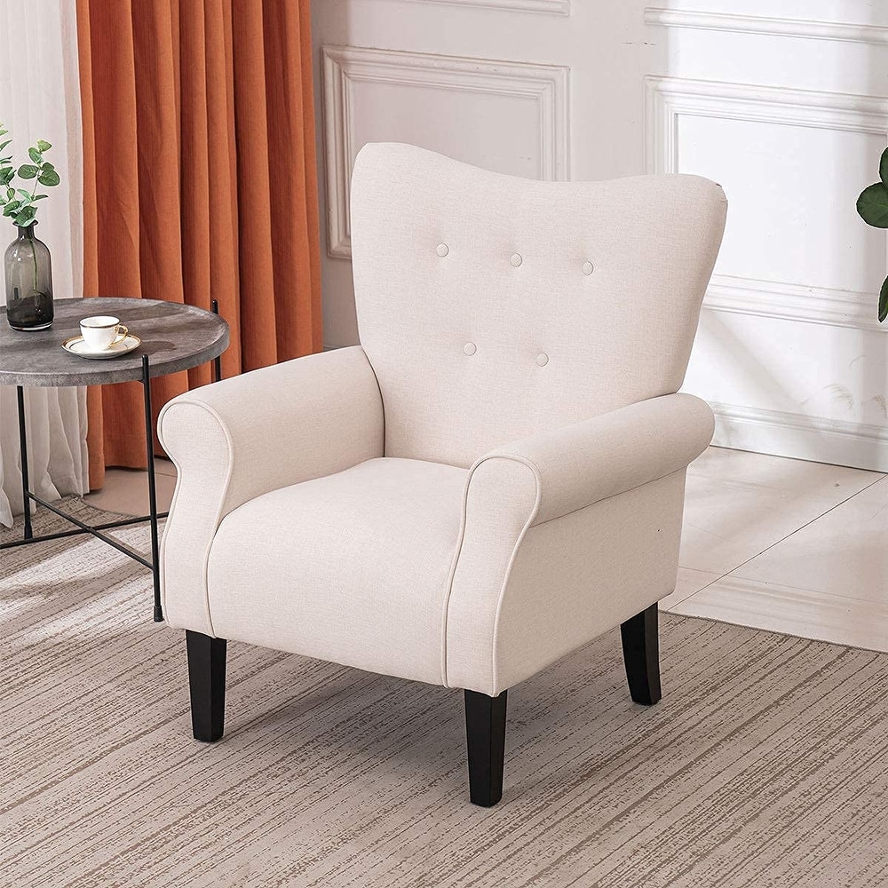 Erommy Modern Accent Chair  High Back Armchair  Upholstered Fabric Button Single Sofa with Wooden Legs for Living Room