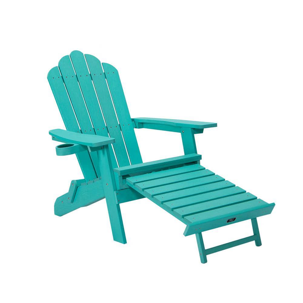 FORCLOVER Aruba Blue Reclining Composite Plastic WeatherResistant Folding Adirondack Chair with Pullout Ottoman and Cup Holder