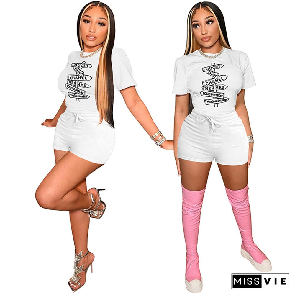 Letter Print Pullover T Shirts and Shorts Set