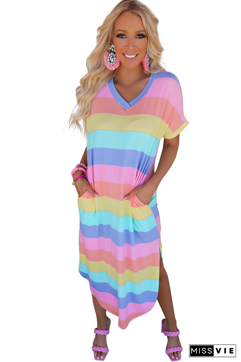 Multicolor Striped Side Split Pockets V Neck T Shirt Midi Dress