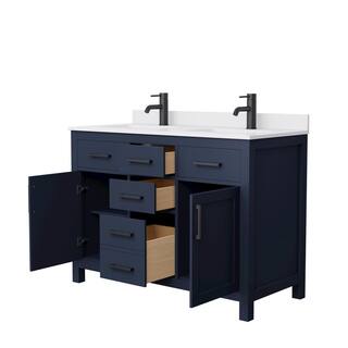 Wyndham Collection Beckett 48 in. W x 22 in. D x 35 in. H Double Sink Bathroom Vanity in Dark Blue with White Cultured Marble Top WCG242448DBBWCUNSMXX