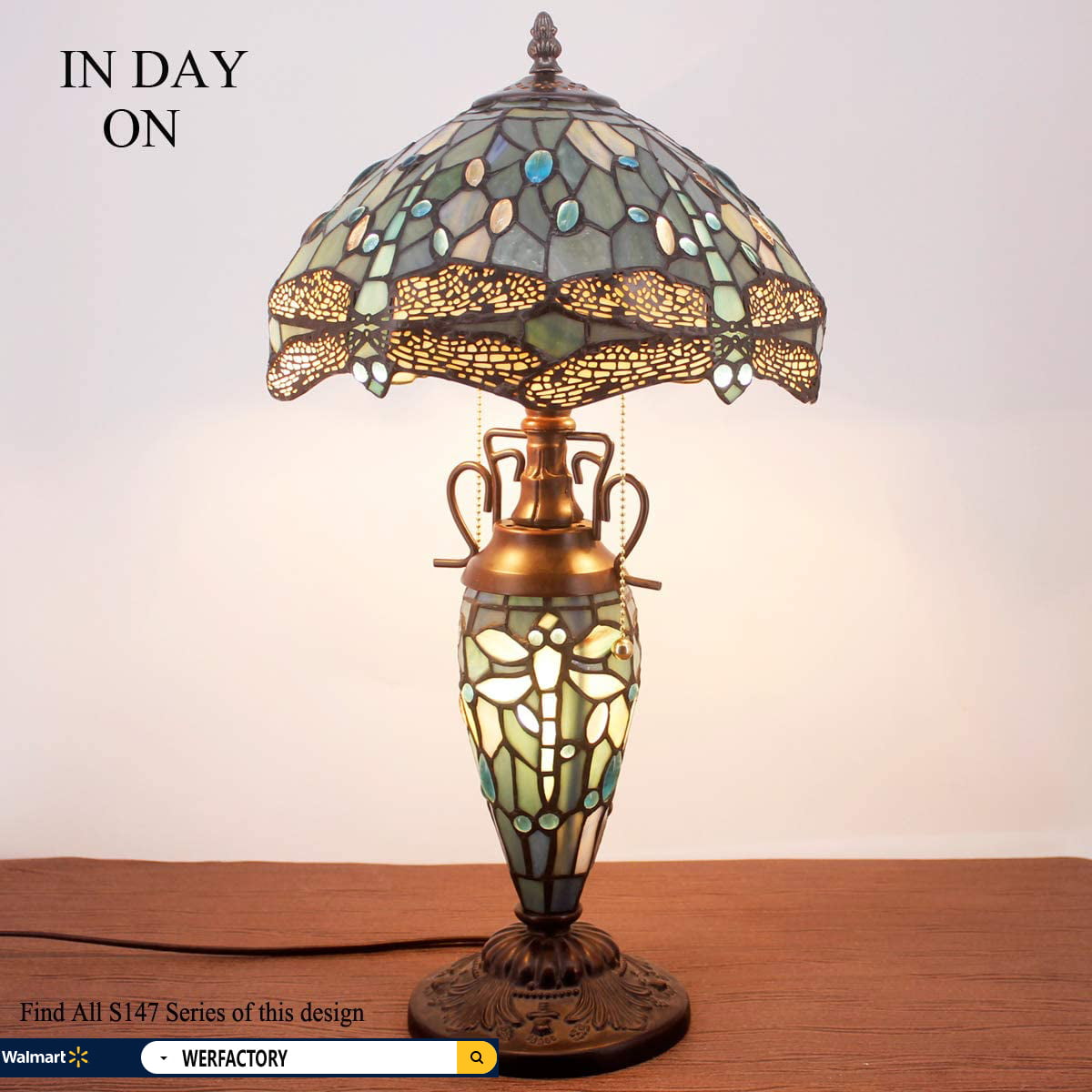 Rustic Tiffany Table Lamp with Nightlight Sea Blue Stained Glass Dragonfly Style Desk Light Vintage Base 22" Tall Living Room Bedroom Bedside Nightstand Home Office Family WERFACTORY Led Bulb Included