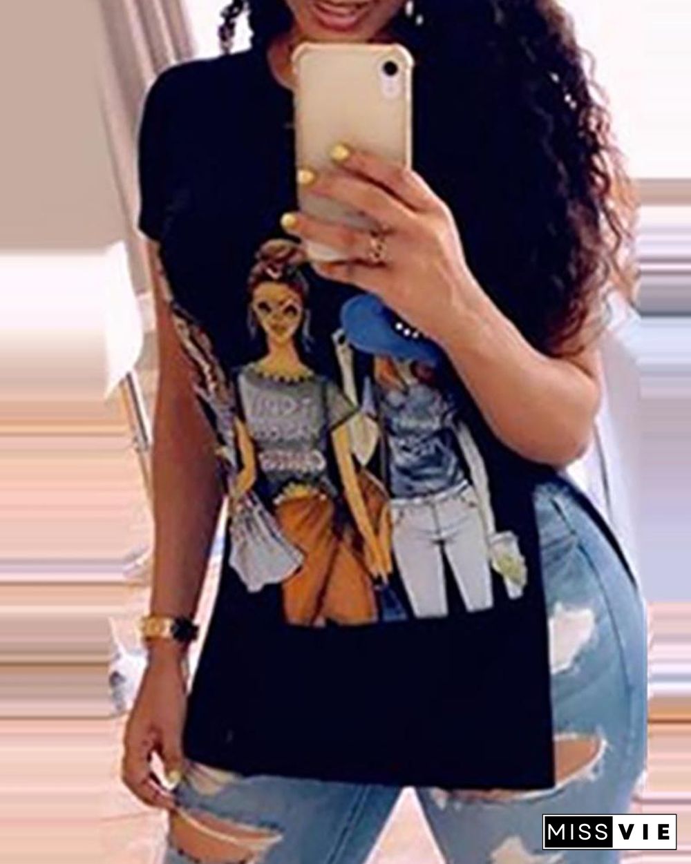 Figure Print Cutout Front Short Sleeve Slit T-Shirt