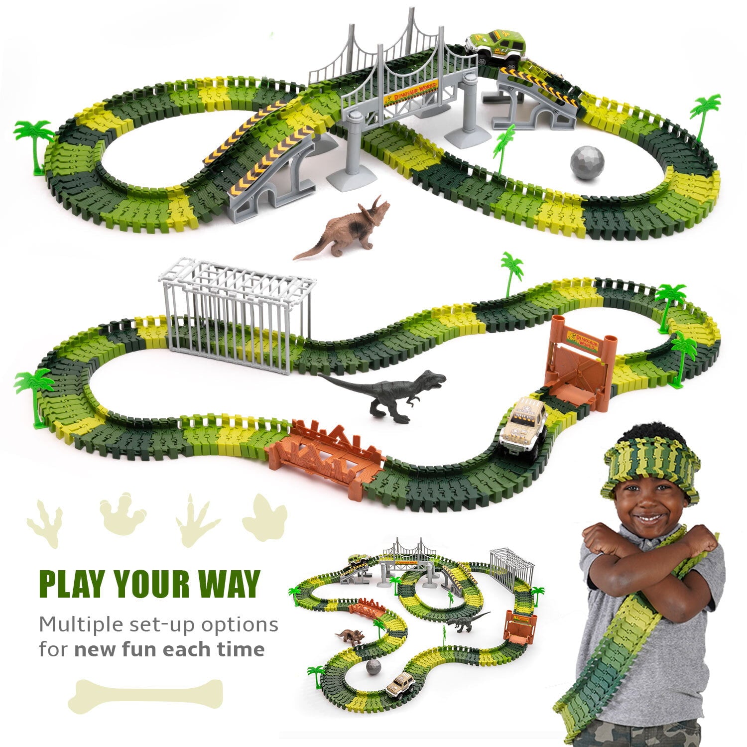 JitteryGit Dinosaur Toys for Boys Race Car Track Set | Dinosaurs STEM Vehicle Playsets for Kids Toddler Ages 3 4 5 6 7 8 Year Olds