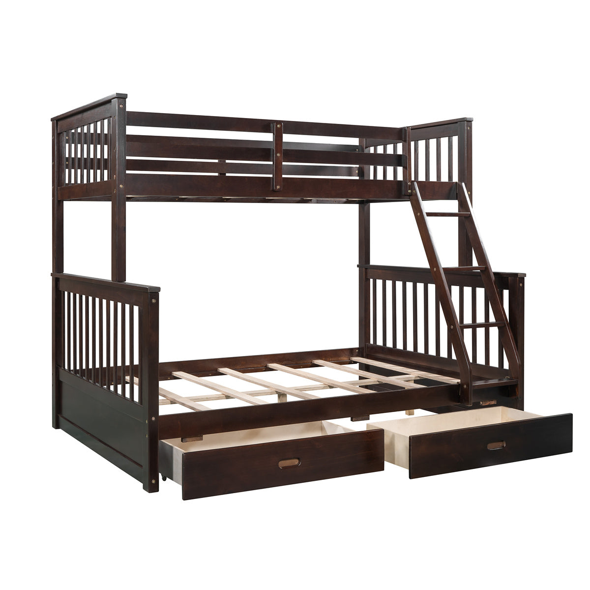 Twin Over Full Bunk Bed with Two Storage Drawers, Pine Wood Frame and Ladder with Guard Rails for Teens, Boys, Girls, Brown