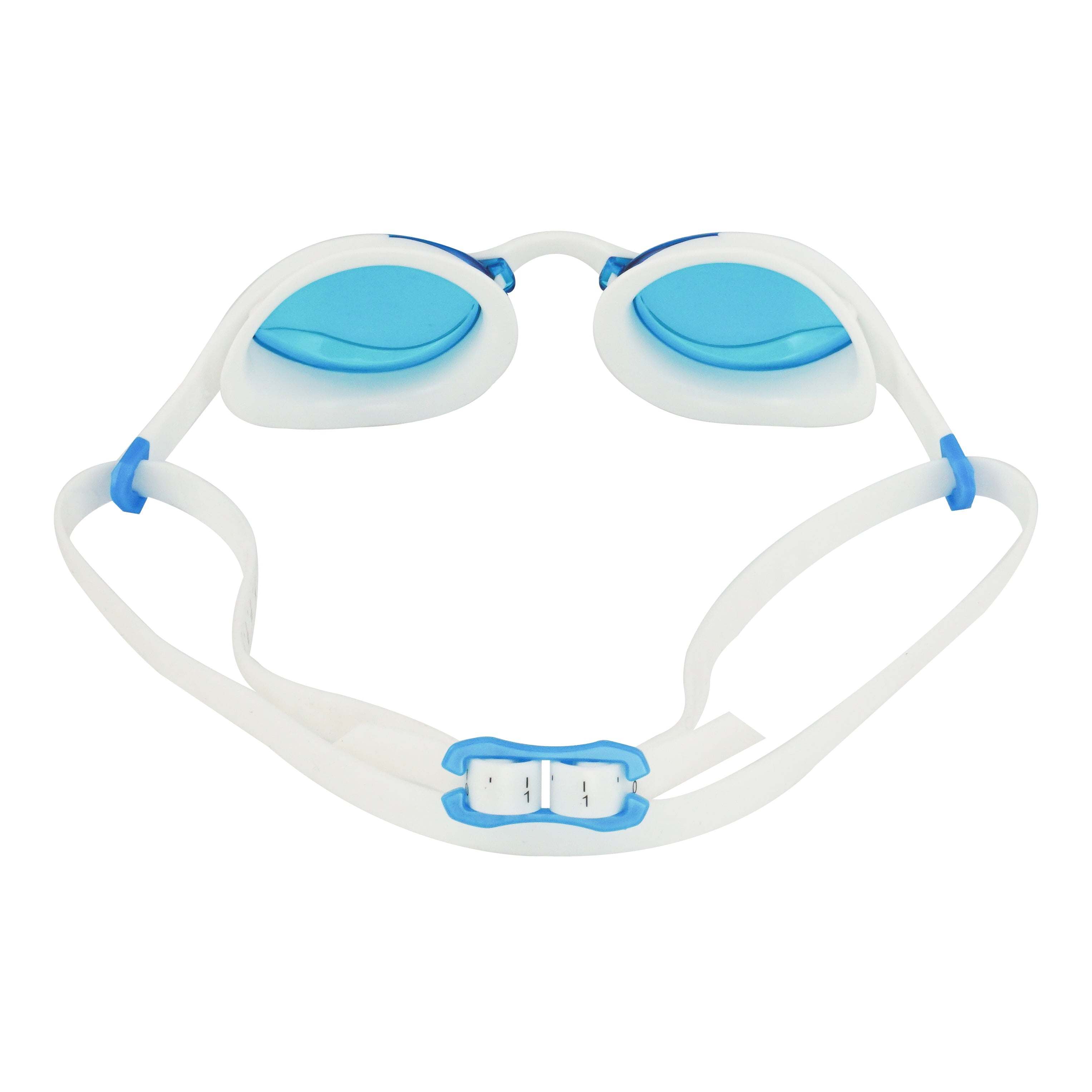 Swim Goggles by New Wave Swim Buoy {Blue Ice = Blue Lens in White Frame} Anti Fog Lenses, Silicone In-Socket Eye Cups, Four Interchangeable Nose Bridges and Adjustable Strap for Triathlon