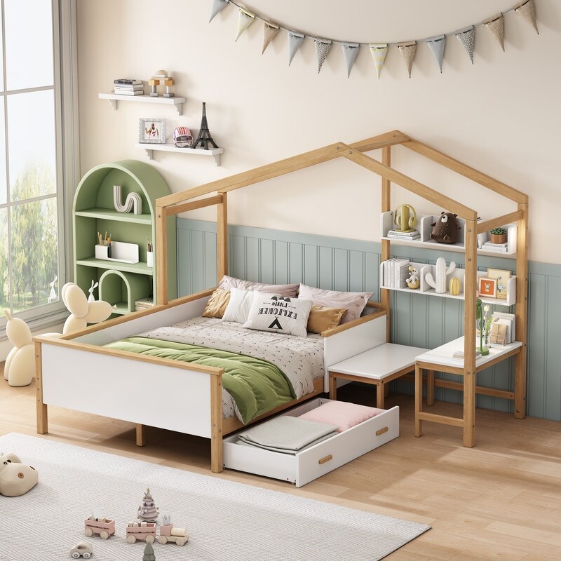 2 Pieces Bedroom Sets Full Size Wooden House Bed with Desk and 6 Drawer Chest  Platform Bed w/ Drawer and Shelves for Kids' Room