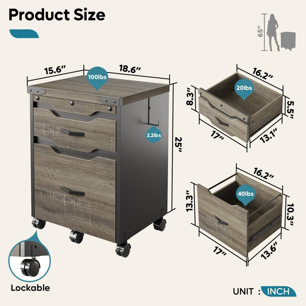 Bestier 2-Drawer Retro Grey Oak Dark 25 in H x 18.6 in W x 15.6 in D Wood Vertical File Cabinet with Wheels and Hook H400104A-RGOD