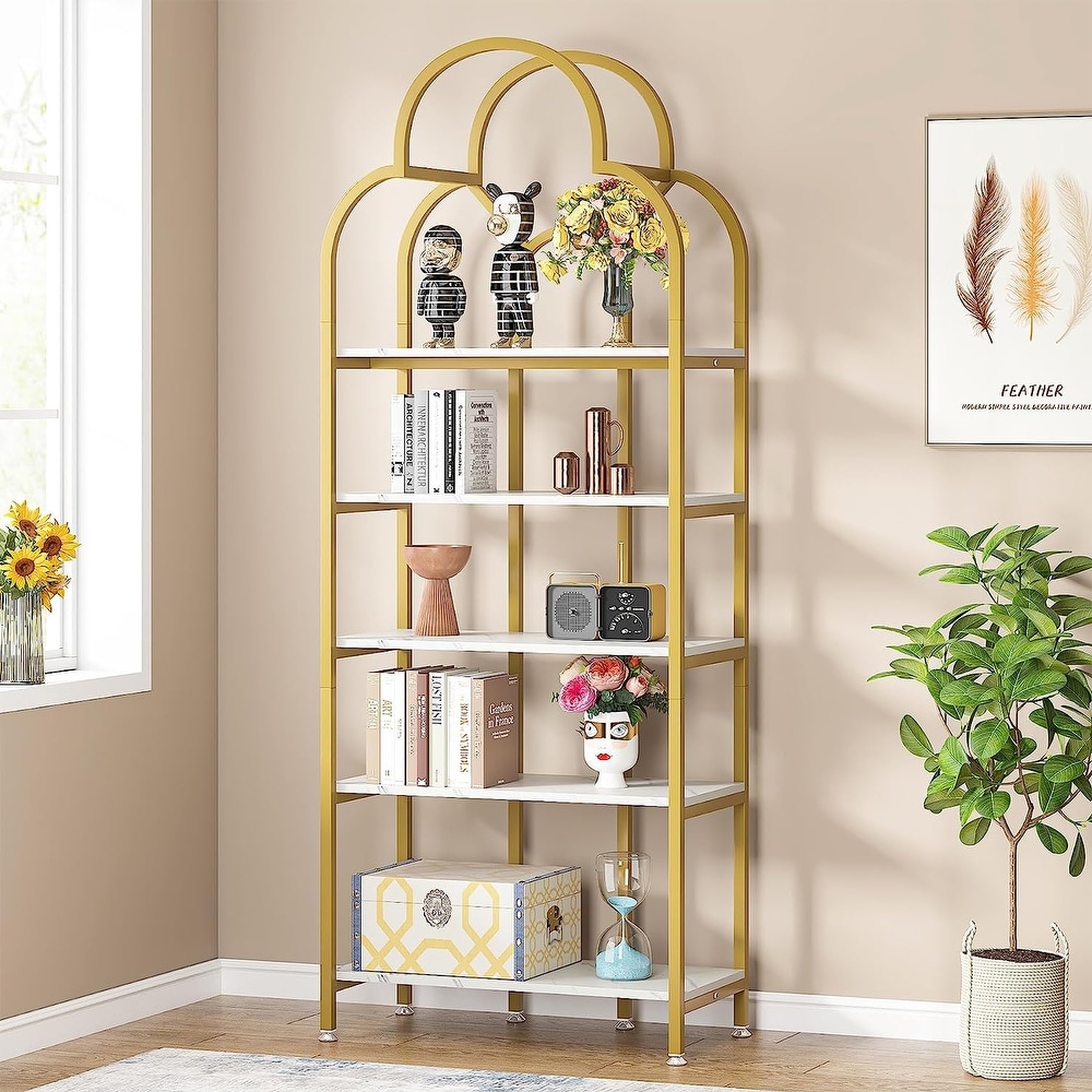 5 Tier White Bookshelf  Tall Bookcase with 5 Display Shelves for Living Room