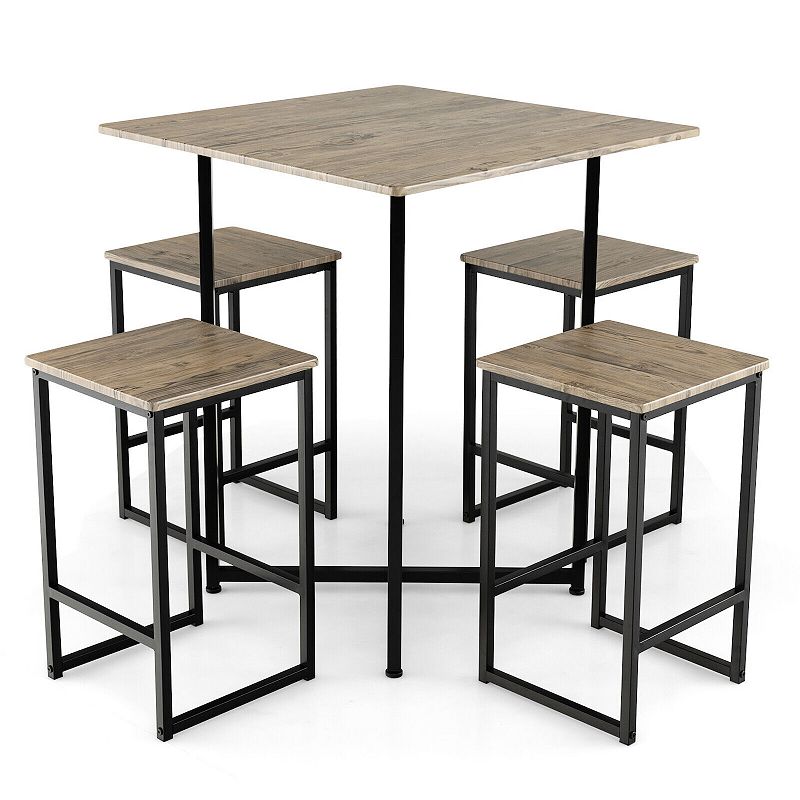 5 Piece Square Space-saving Dining Table Set with 4 Stools