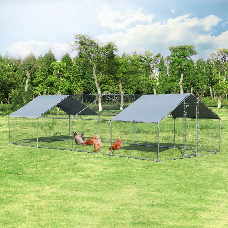 26 FT Large Metal Walk-in Chicken Coop Cage Runs Hen House with Cover & Lockable Door