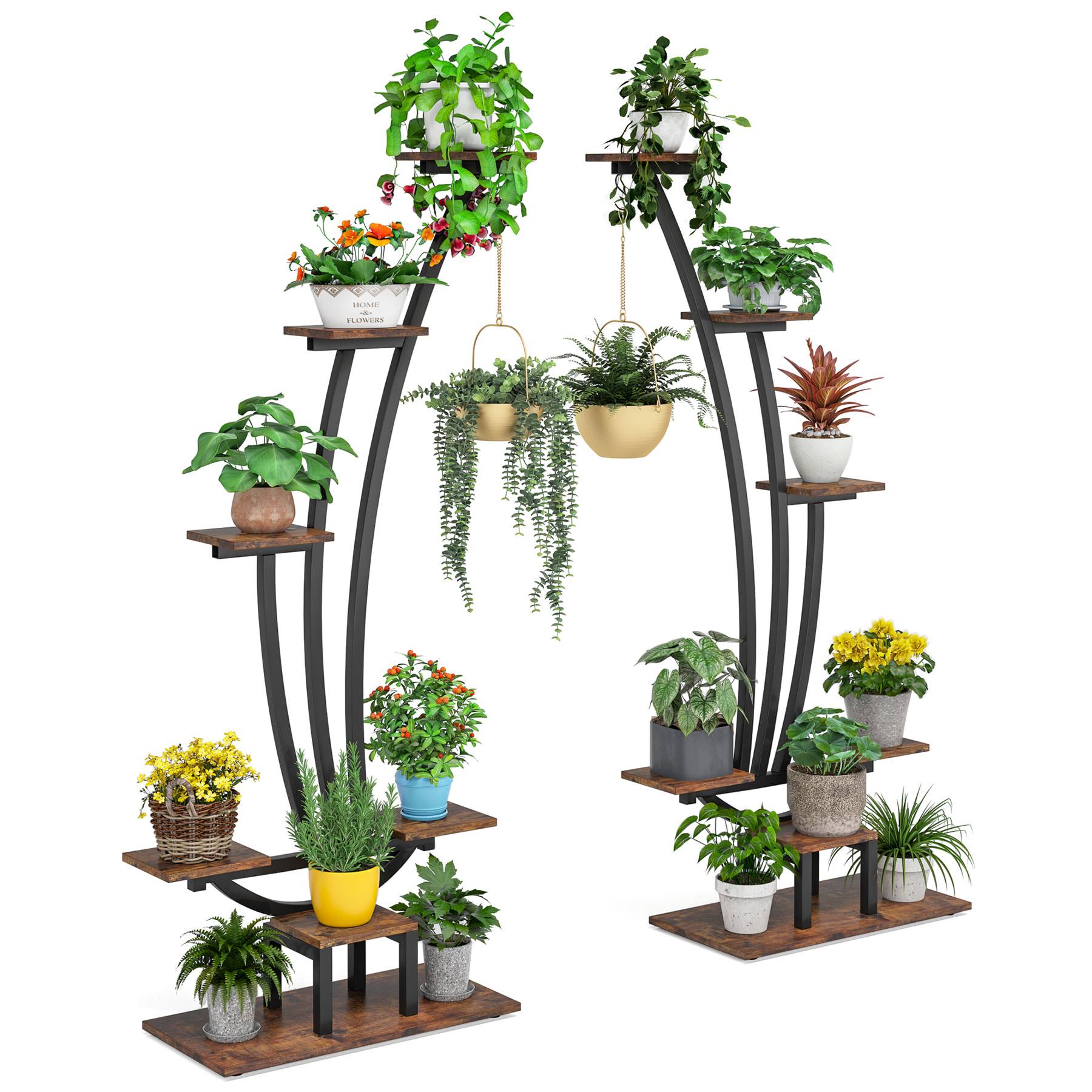 6-Tier Plant Stand Pack of 2, Metal Curved Display Shelf with 2 Hanging Hooks