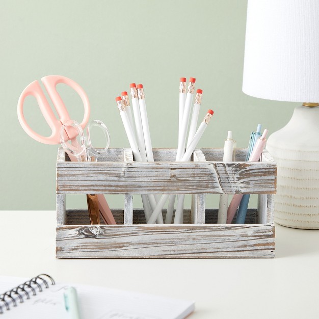 Juvale Rustic style Desk Pencil Holder With 3 Compartments Farmhouse Decor And Wooden Organizer For Office Accessories