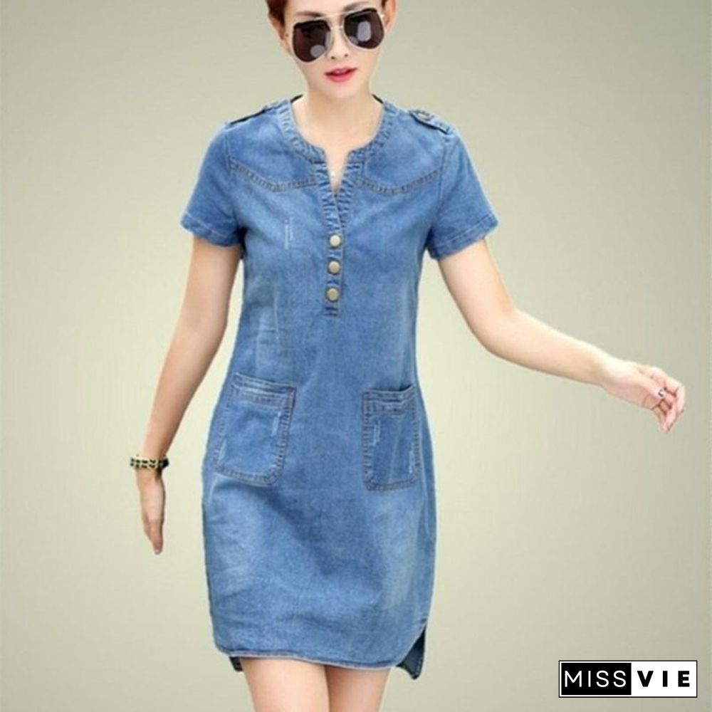 Plus Size Denim Dress Women Short Sleeve Dress Spring Vintage Vestidos Robe Casual Slim V-neck Office Shirt Jeans Dress