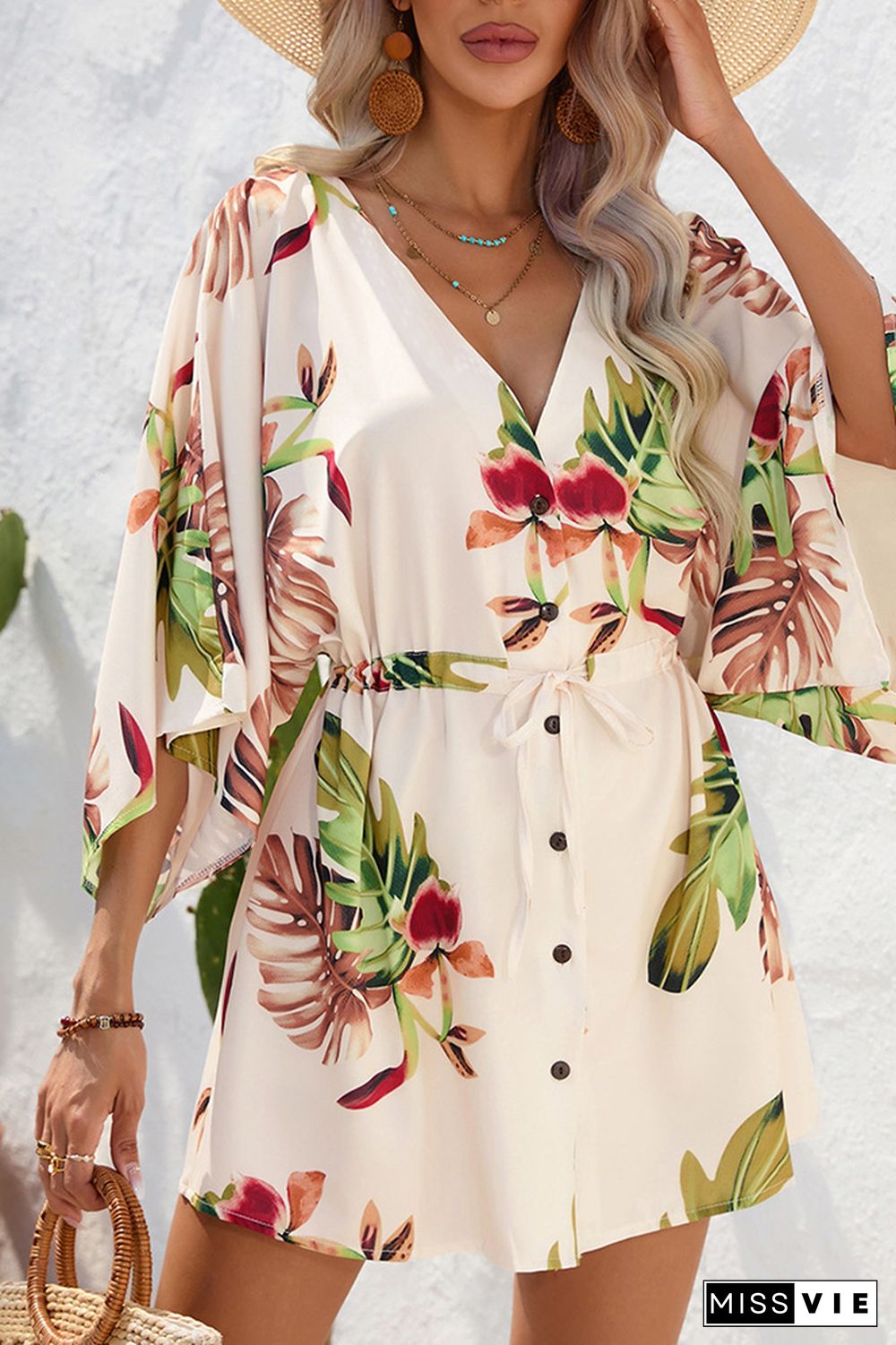 Open Button V Neck Drawstring Flare Sleeves Floral Dress