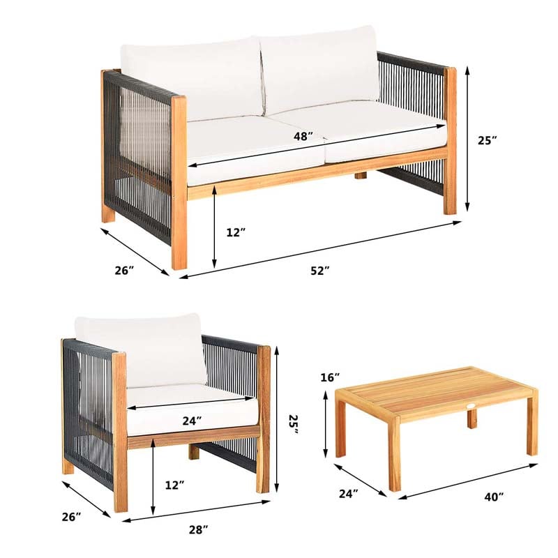 4 Pcs Acacia Wood Outdoor Loveseat Sofa Set with 2 Single Chairs & Coffee Table, Cushions