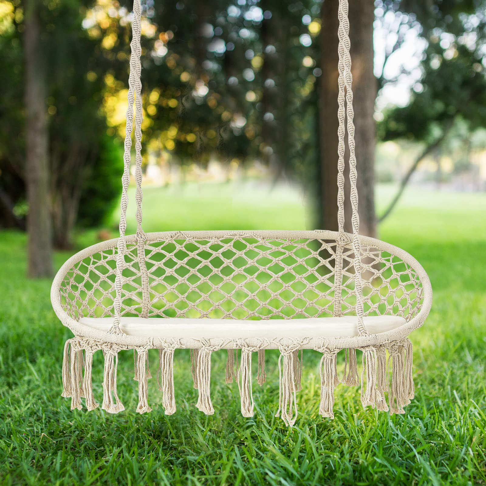 Hammock Chair 2 Seat, Macrame Hanging Chair with Cushion