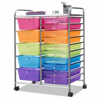 Costway 15 Drawer 4-Wheeled Plastic Rolling Storage Cart Tools Scrapbook Paper Office School Organizer in Colorful HW53825