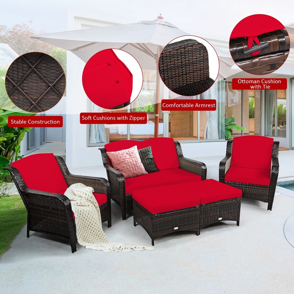 Costway 5PCS Patio Rattan Furniture Set Loveseat Sofa Ottoman