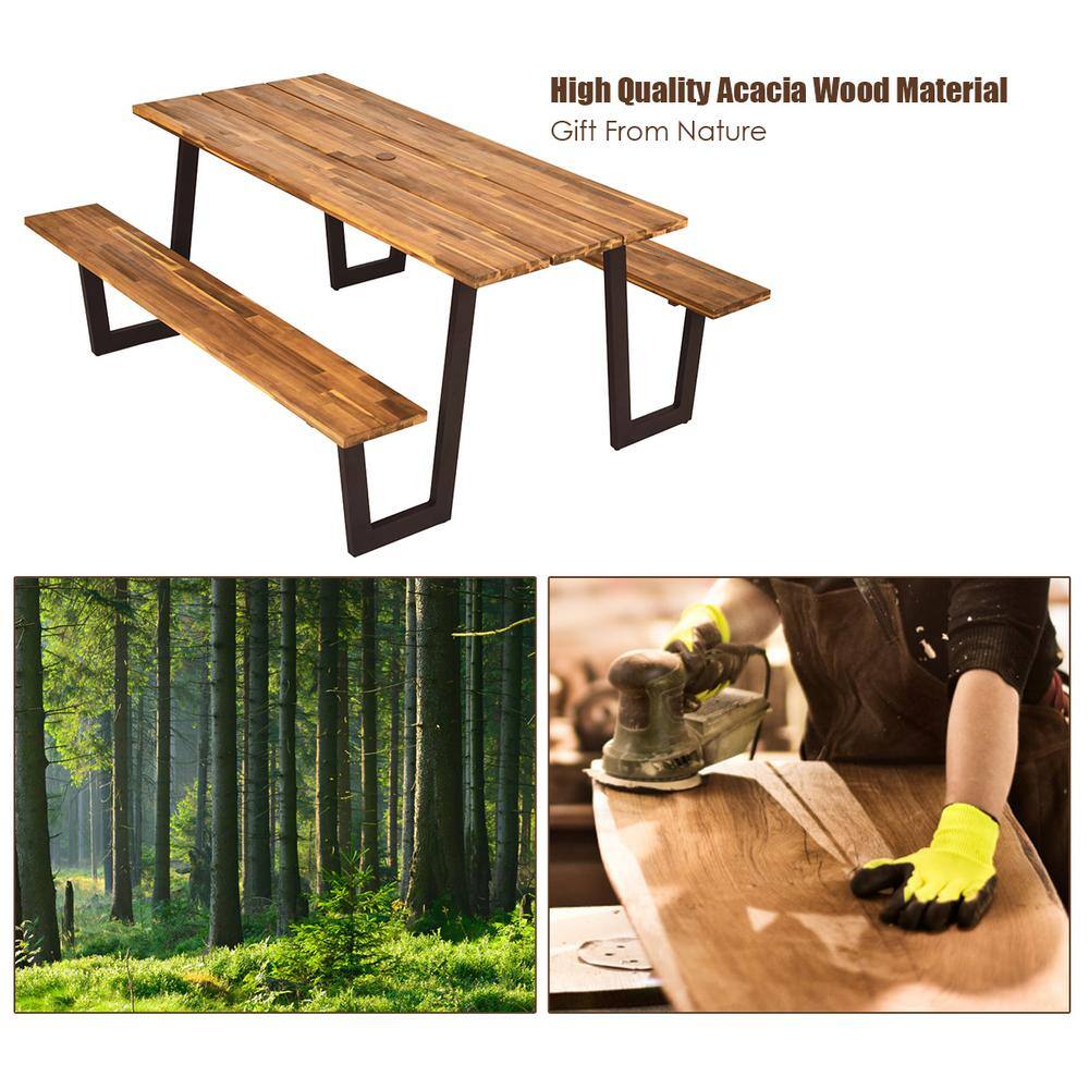 Costway Natural Rectangle Wood Picnic Table Dining Table Set with 2 Bench Seats and Umbrella Hole HW63853+