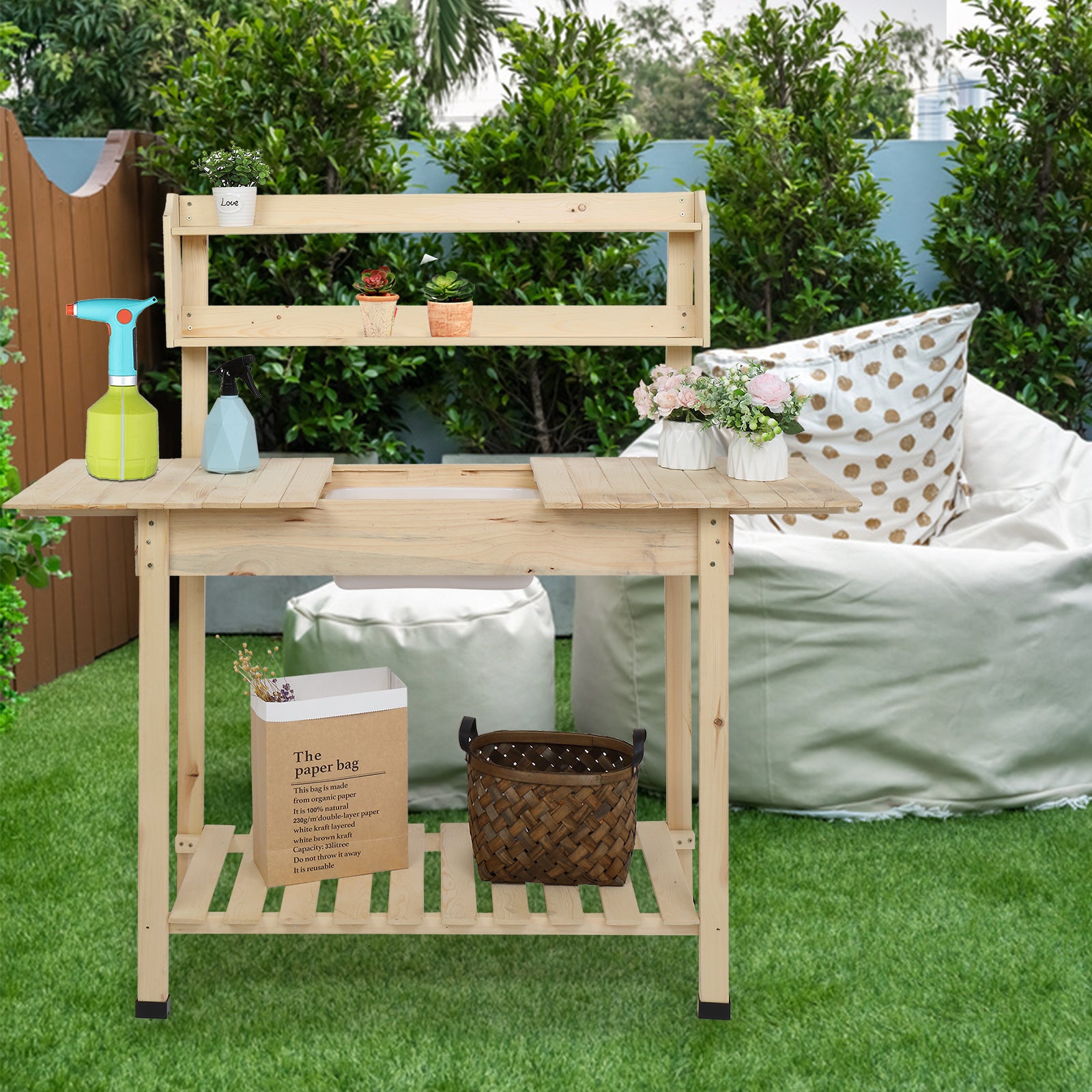 Luckinbaby Sliding Table-top Garden Workbench, Wood Gardening Desk with Shelves