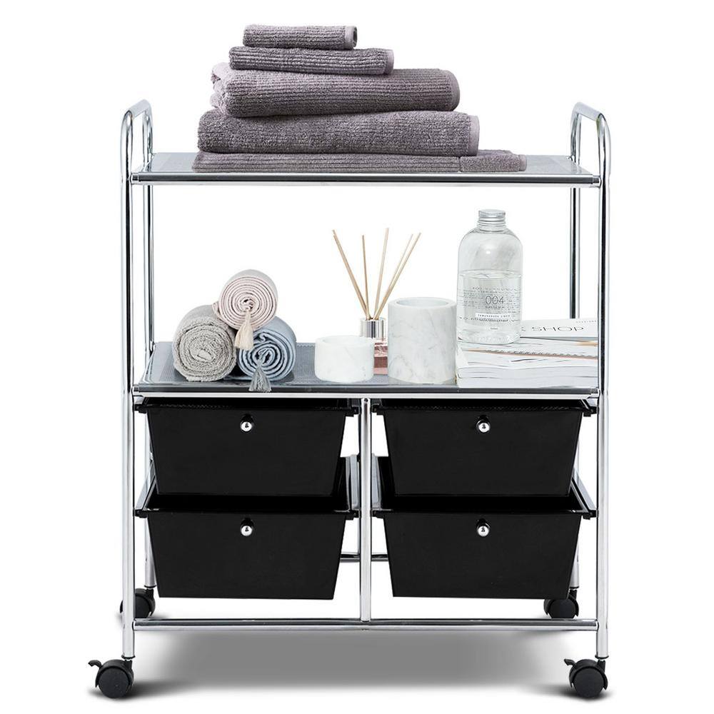 Costway 3-Tier Metal 4-Wheeled Rolling Storage Cart Rack Shelf with 4 Drawers in Black HW54070BK