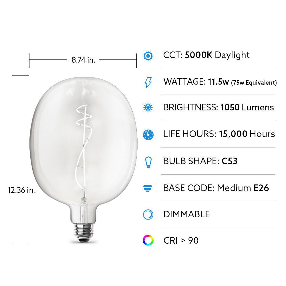 Feit Electric 75-Watt Equivalent C53 Dimmable Curve Filament Oversized Clear Glass E26 Vintage Edison LED Light Bulb Daylight 5000K C537CL950CA