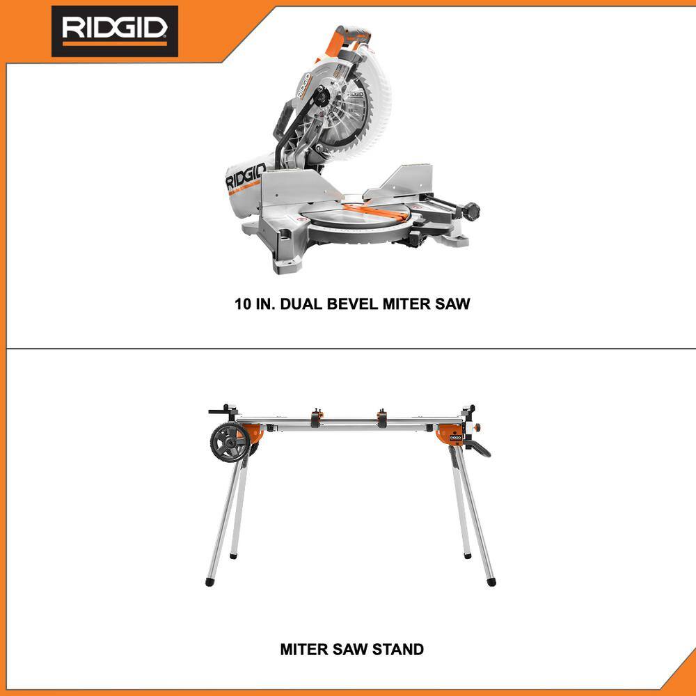 RIDGID 15 Amp 10 in. Corded Dual Miter Saw with LED Cut Line Indicator and Professional Compact Miter Saw Stand R4113-AC9960