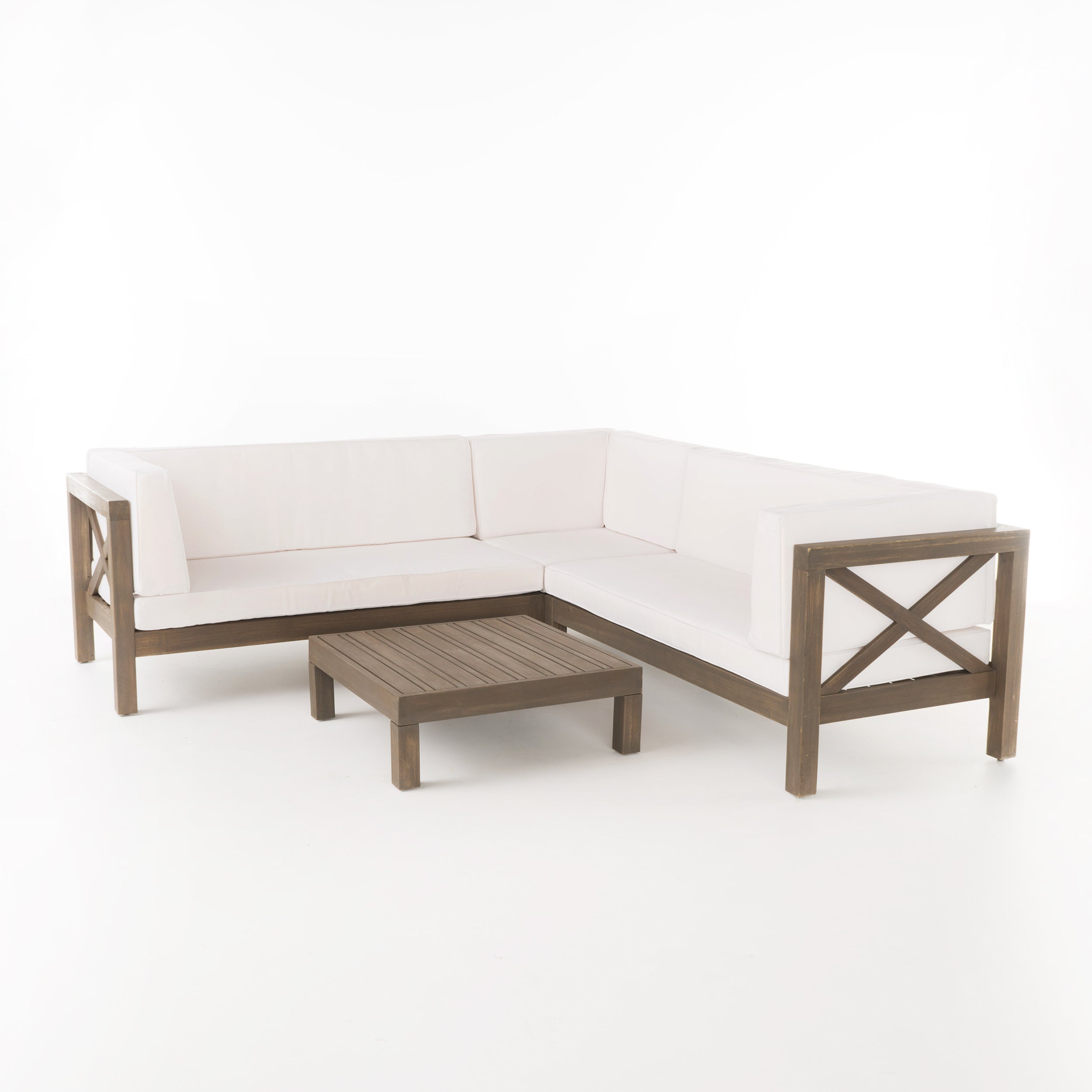 Brava Outdoor 4 Piece V-Shaped Acacia Wood Sectional Sofa and Coffee Table Set