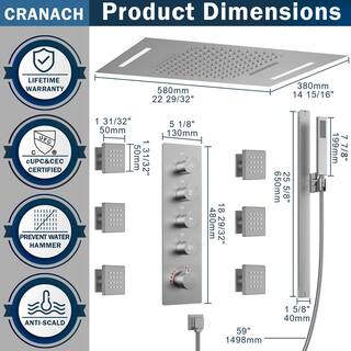 CRANACH Thermostatic LED 13-Spray Dual Shower Head Ceiling Mount and Handheld Shower 2.5 GPM with 6-Jets in Brushed Nickel SRSFS-1025-NK