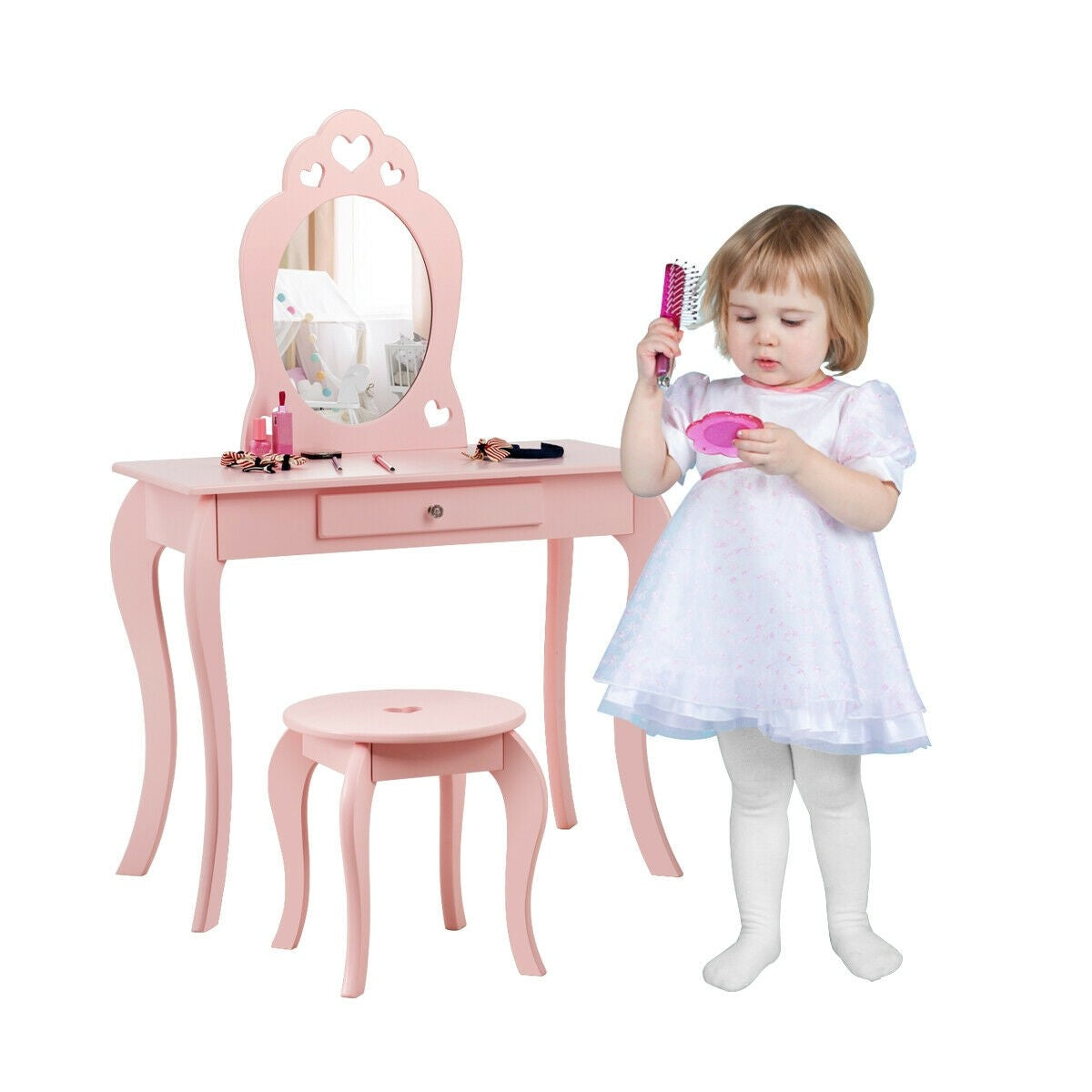 Costzon Kids Vanity Table, 2 in 1 Detachable Design with Dressing Table and Writing Desk