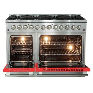 Forno Galiano 48 in. 8-Burner Double Oven Dual Fuel Range with Gas Stove and Electric Oven in Stainless Steel with Red Door FFSGS6156-48RED