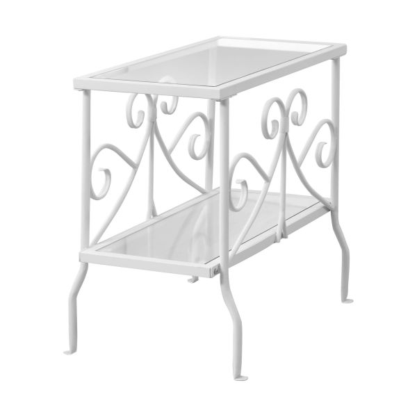 Accent Table， Side， End， Nightstand， Lamp， Living Room， Bedroom， Clear Tempered Glass， White Metal， Traditional