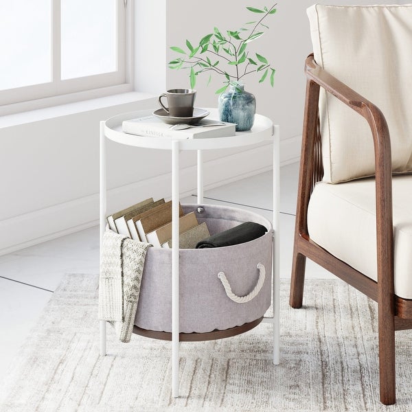 Oraa Nightstand with Rustic Oak Tray Top， White Metal Frame with Fabric Basket and Rope Handles