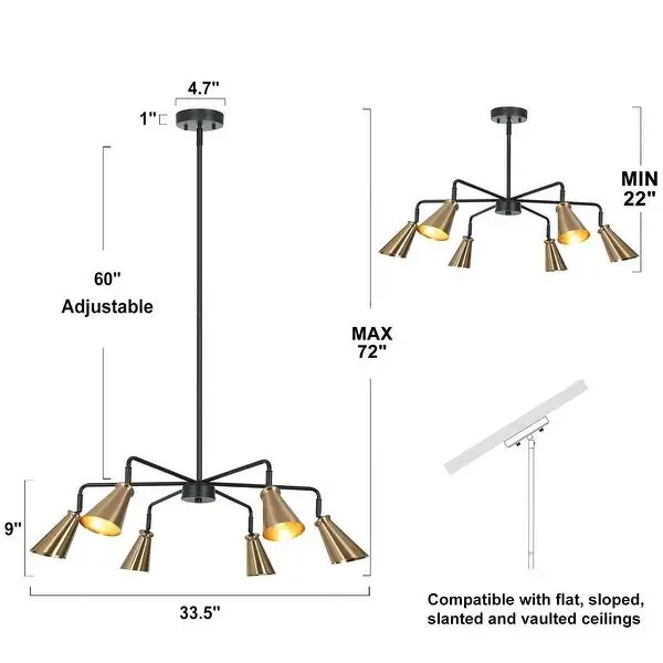 Tesa Modern 6-Light Black Gold Chandelier Metal Pendant Lights for Dining Room - 33.5