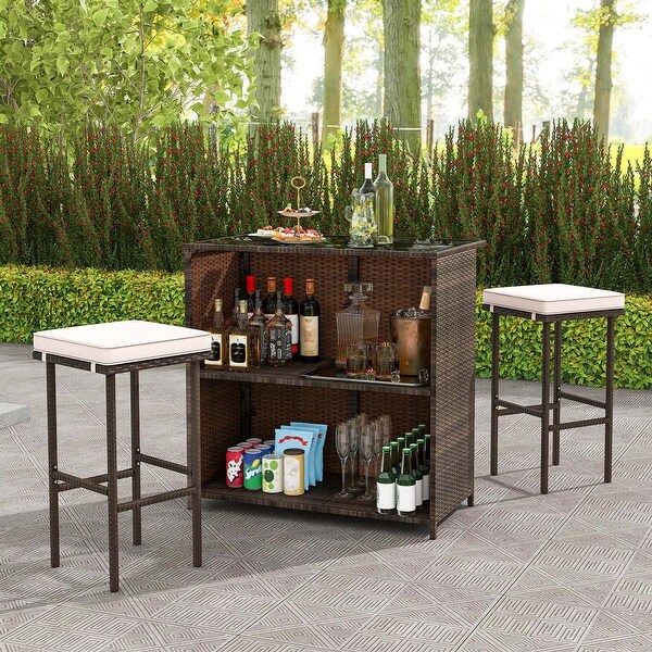 Costway 3 PCS Patio Bar Set with Tempered Glass Tabletop 2Tier