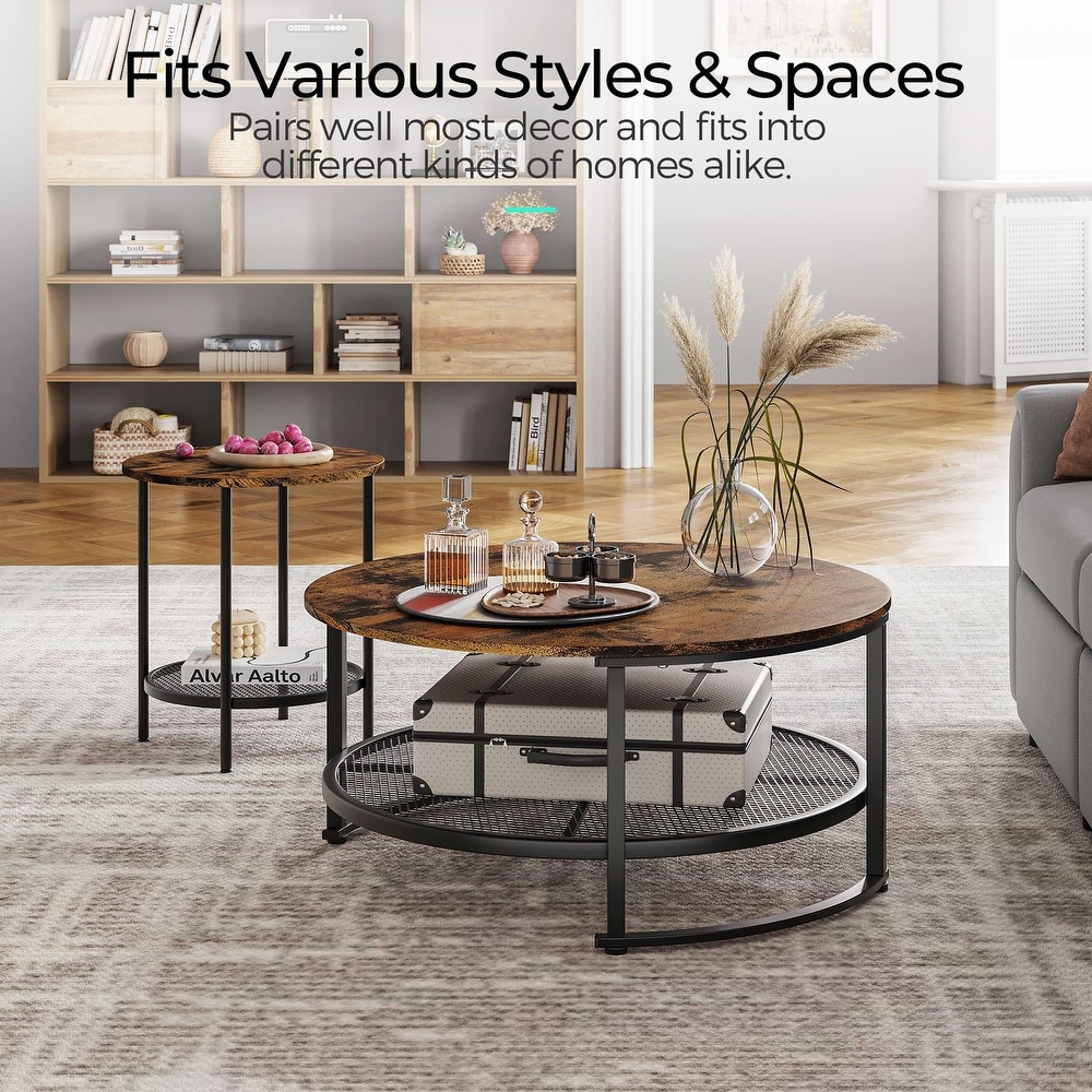 Round Coffee Table and End Table Set for Living Room  Industrial Coffee Table with Open Storage