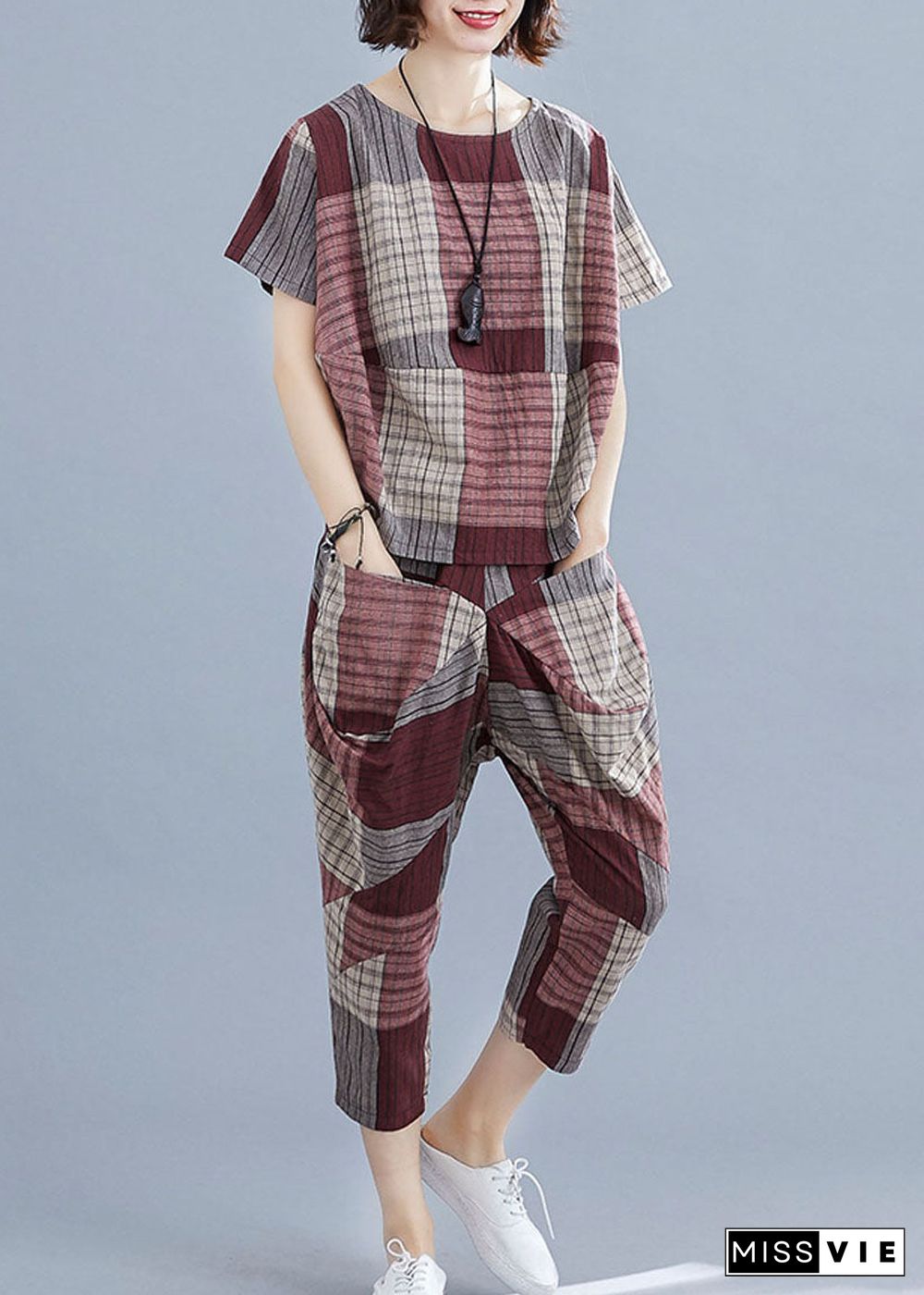 DIY Mulberry Plaid O-Neck Cotton Tops And Pants Two Pieces Summer