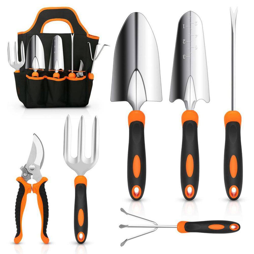 7-Piece Black and Orange Stainless Steel Heavy-Duty Garden Tool Set with Carring Tote Bag B09F3CWRRC