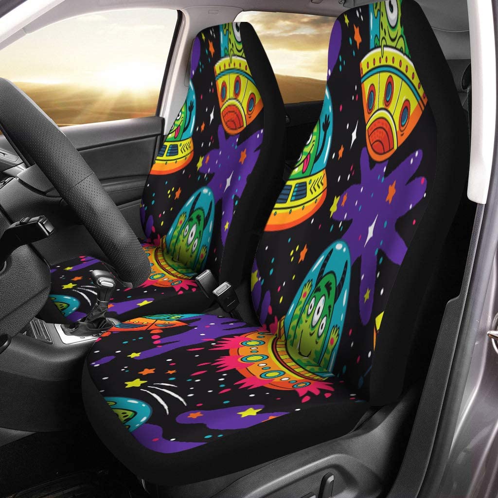 FMSHPON Set of 2 Car Seat Covers Crazy Cartoon Alien Monsters in The Spaceships UFO Pattern Universal Auto Front Seats Protector Fits for Car，SUV Sedan，Truck