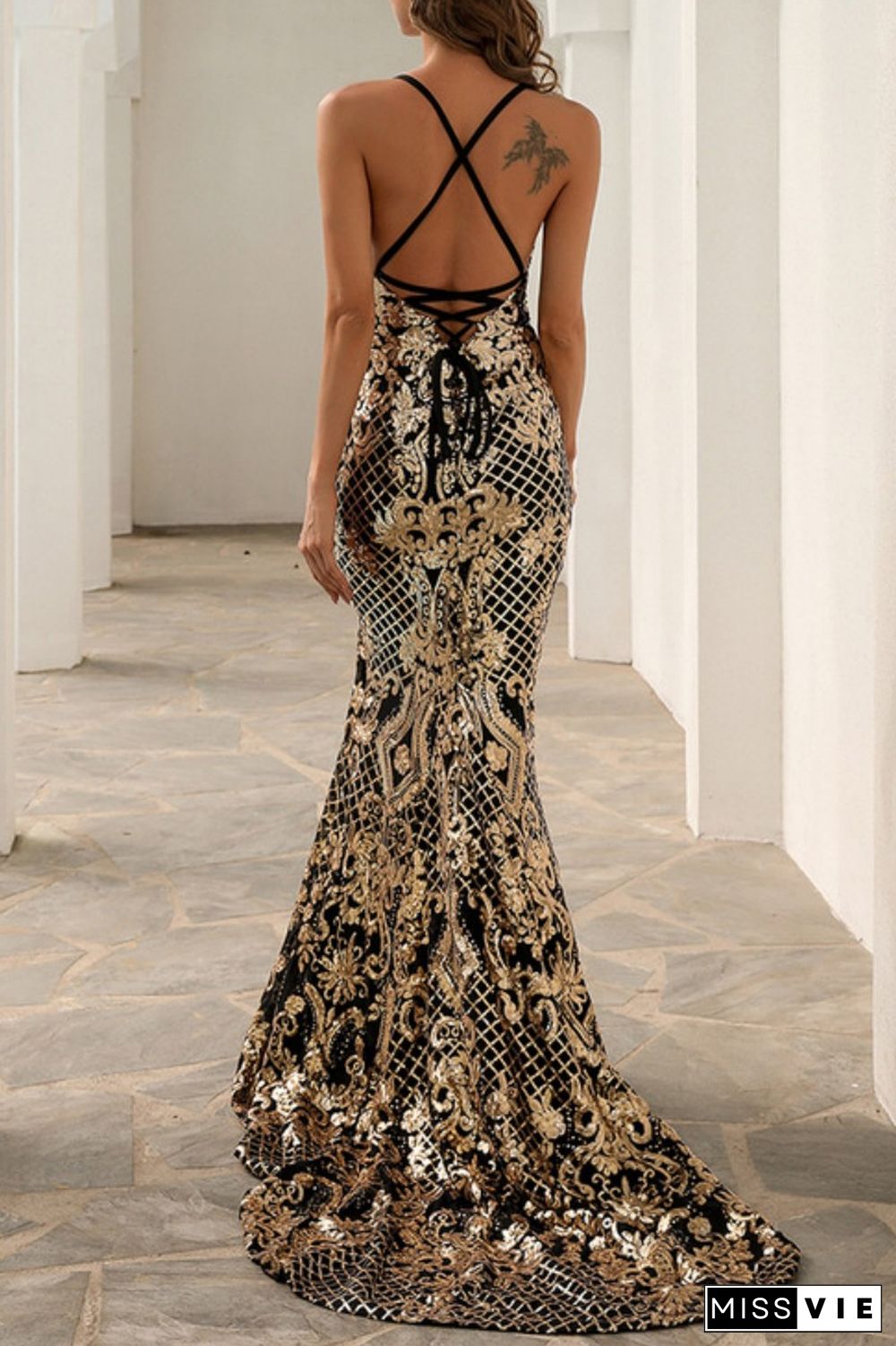 Gold Sexy Formal Patchwork Sequins Backless Cross Straps Spaghetti Strap Evening Dress Dresses