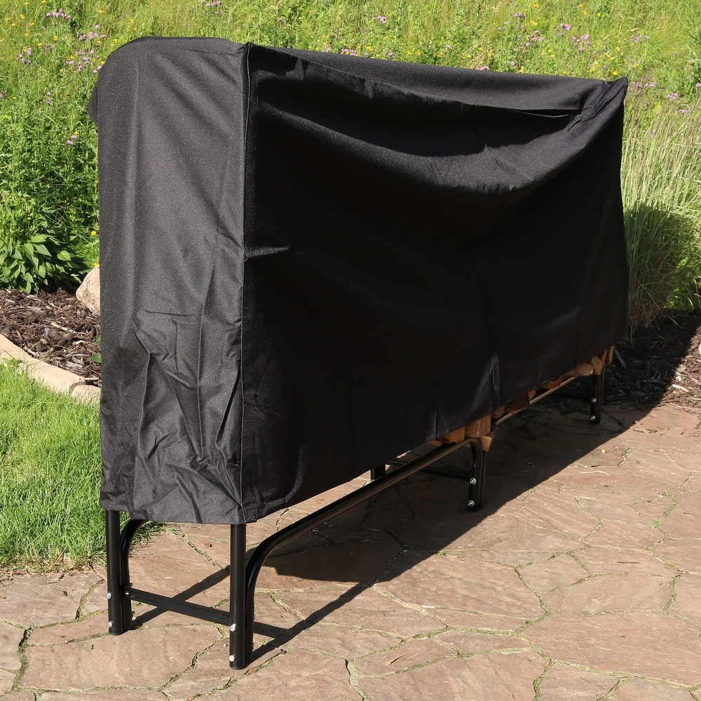 Sunnydaze Black Outdoor Waterproof Firewood Log Rack and Cover   8 Foot