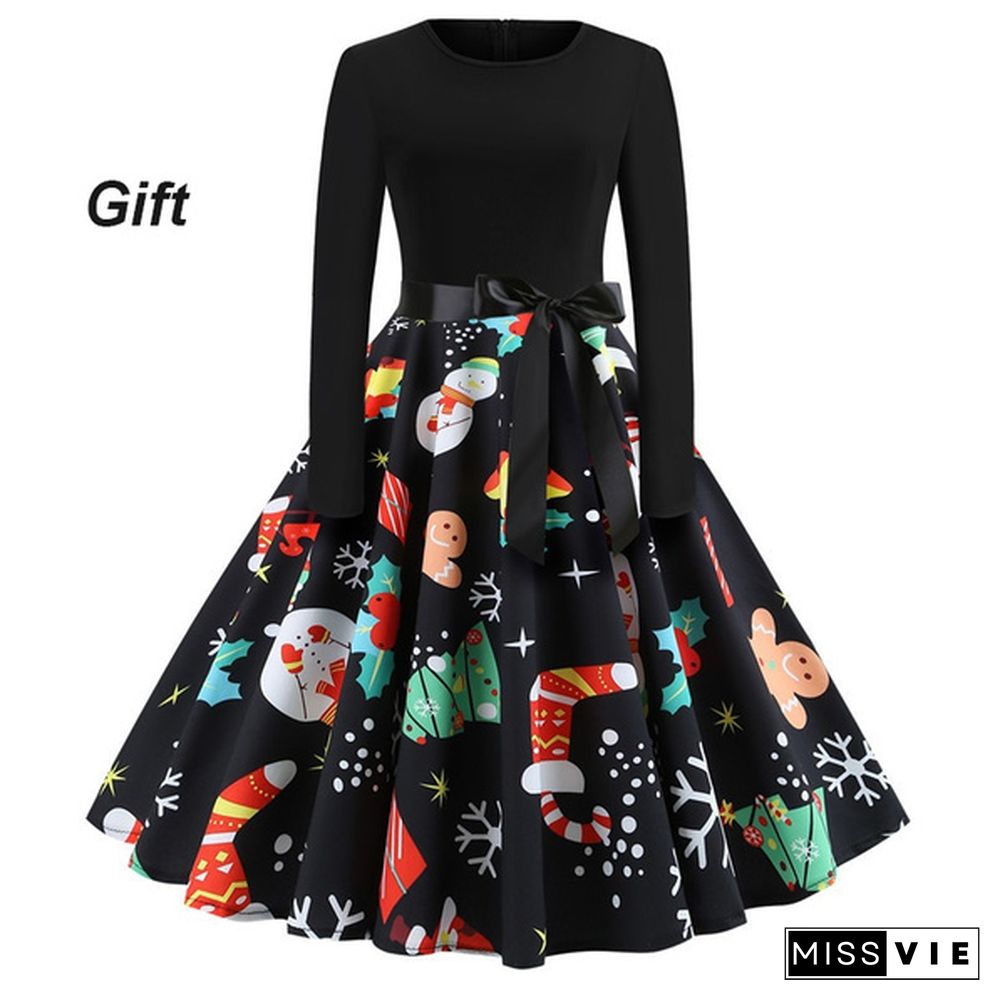 NEW Fashion Women Autumn and Winter Xmas Clothes Christmas Costume Casual Long Sleeve Halloween Print Flared Dress Party Dress