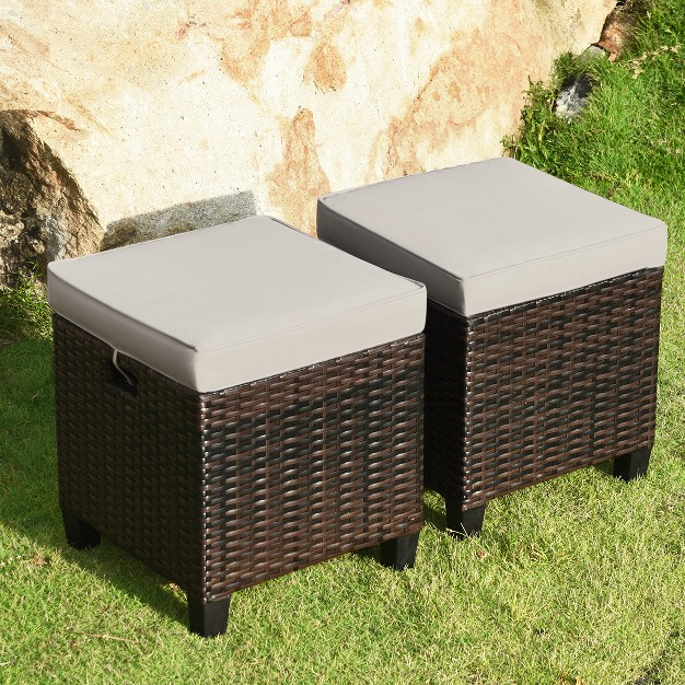 Tangkula Set Of 2 Patio Rattan Ottoman Footrest Garden Outdoor W Brown Cushion