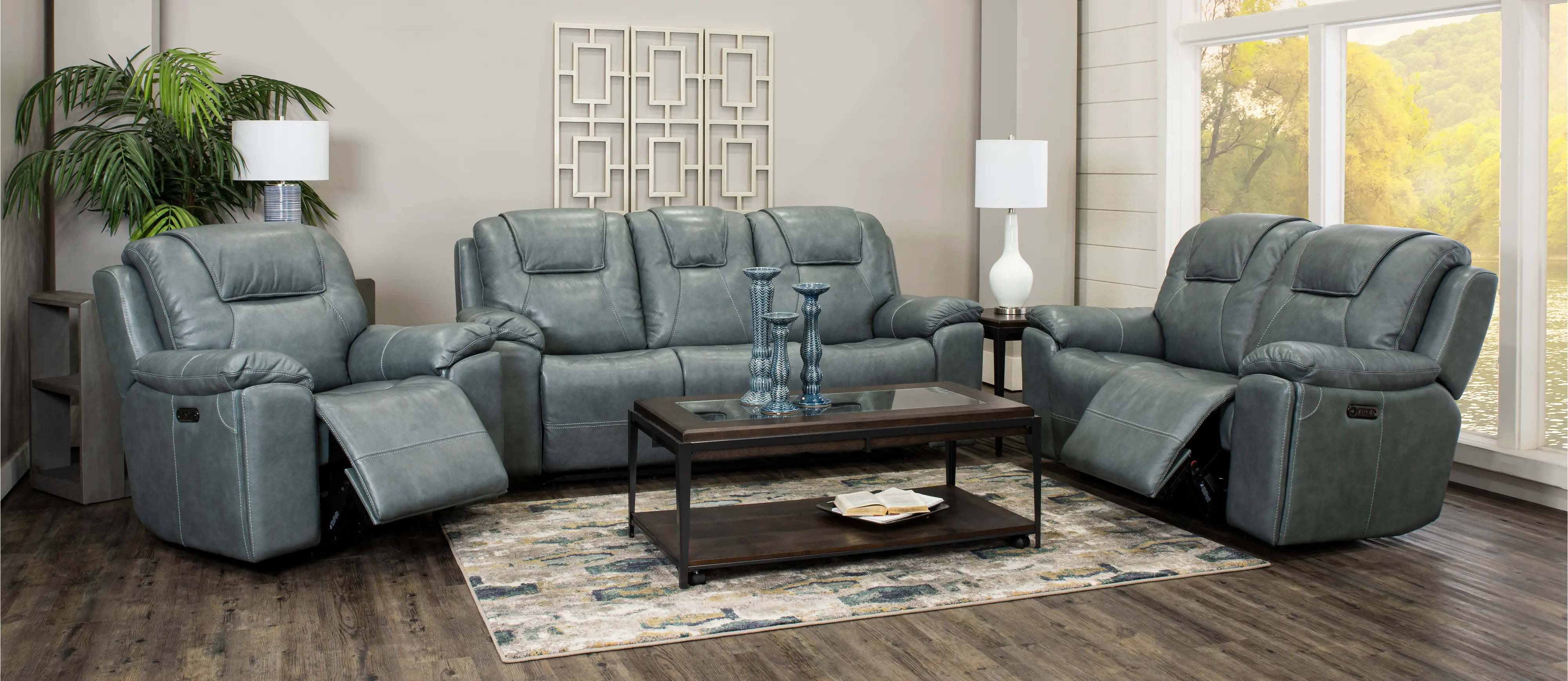 Chandler Blue Gray Power Reclining Sofa with Hidden Cup Holders