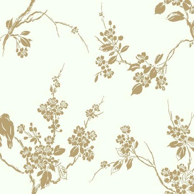 Sample Imperial Blossoms Branch Wallpaper in Gold and White from the Silhouettes Collection