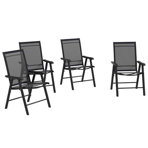 Outsunny Set Of 4 Patio Folding Chairs Stackable Outdoor Sling Chairs With Armrests For Lawn Camping Dining Beach Metal Frame Black